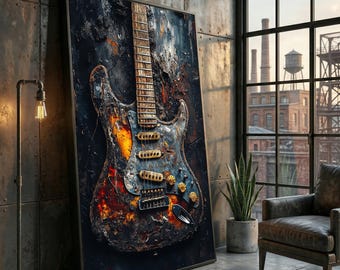 May include: A vertical rectangular wall art piece featuring a detailed illustration of an electric guitar. The guitar body displays a textured, distressed finish with dark charcoal, burnt orange, and metallic blue tones, set against a dark background.
