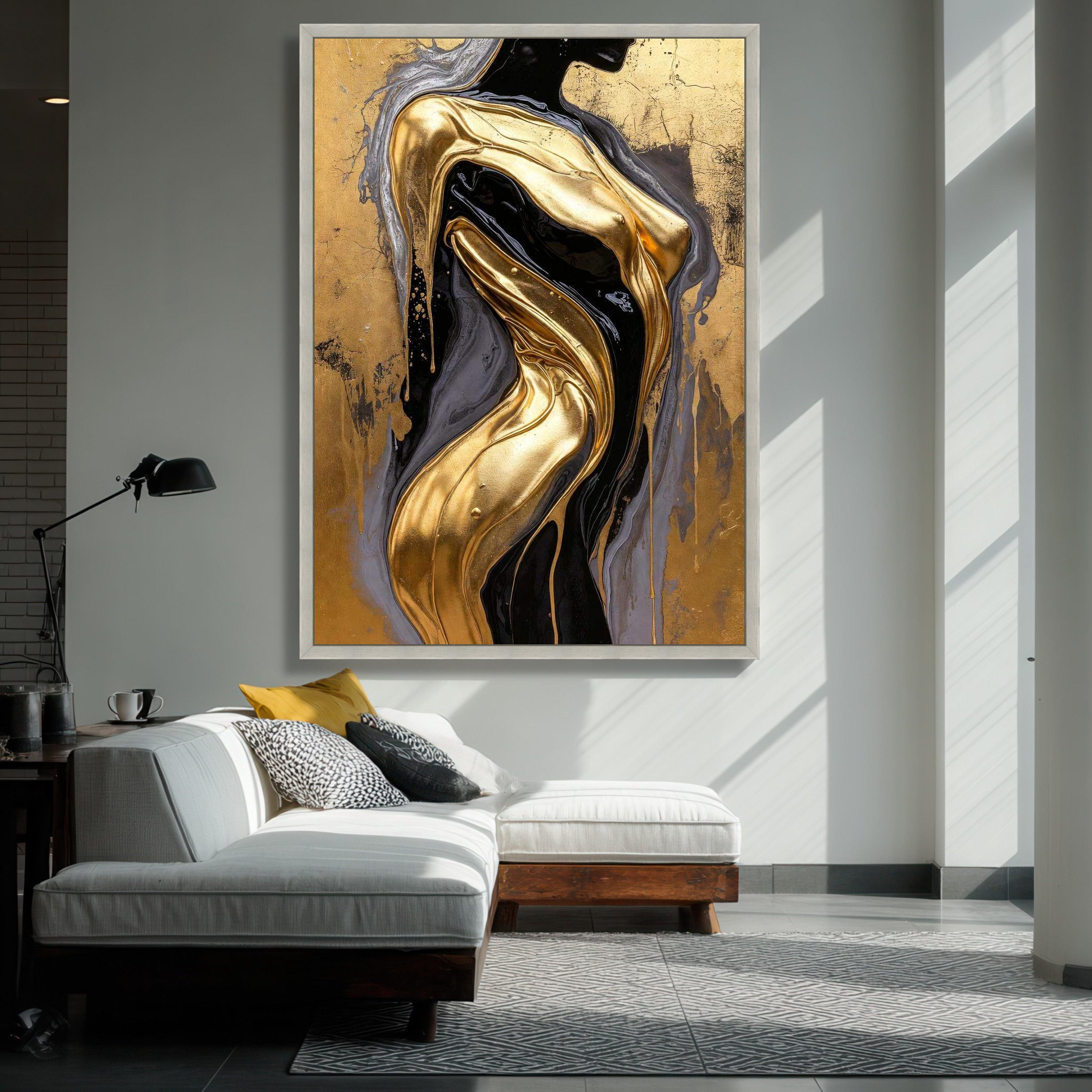 Luxurious Gold and Black Abstract Canvas, Metallic Fluid Art Wall Decor ...