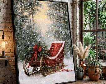 Vintage Red Sleigh Canvas, Christmas Holiday Wall Art, Winter Snow Scene, Festive Home Decoration, Seasonal Canvas Print