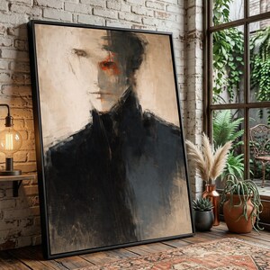 Abstrakt ansiktskonst på canvas, expressionistisk porträttmålning, stämningsfull modern heminredning