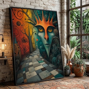 Surreal Fantasy Pathway Canvas, Abstract Face Art, Mystical Landscape Wall Decor image 1