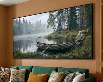 Calm Lakeside Scene Canvas, Rustic Wooden Boat Wall Art, Misty Forest Reflection, Nature Landscape Canvas, Tranquil View Decoration