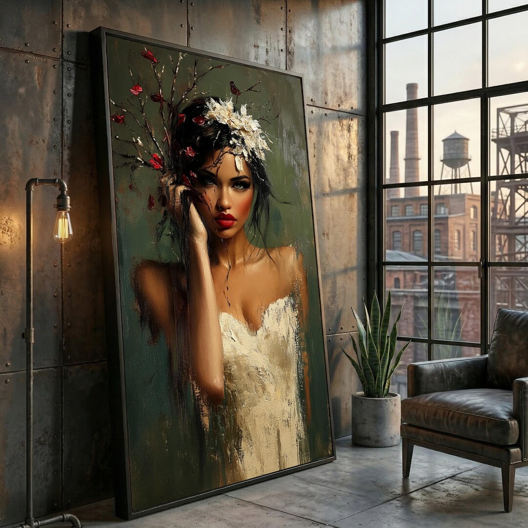 Woman Portrait Canvas Art, Floral Headpiece Painting, Oil Style Wall ...