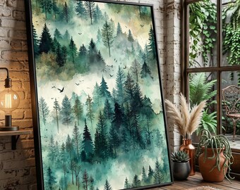 Könnte beinhalten: Ein rechteckiges gerahmtes Wandbild mit einer Waldlandschaft im Aquarellstil, das Schichten von immergrünen Bäumen in Dunkelgrün, Petrol und Beige zeigt, akzentuiert durch kleine Vogelsilhouetten, die durch die neblige Atmosphäre fliegen.