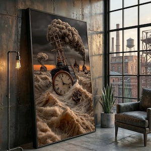 Könnte beinhalten: Ein gerahmtes Kunstwerk zeigt eine surreale Szene eines Schiffs-Uhrwerks in stürmischen Wellen. Das Zifferblatt zeigt die Uhrzeit, während Rauch aus den Schornsteinen des Schiffs aufsteigt. Das Kunstwerk wird in einem Raum mit industrieller Ästhetik ausgestellt.