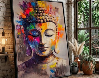 Könnte beinhalten: Ein gerahmter Kunstdruck mit einem stilisierten Porträt von Buddha mit geschlossenen Augen. Das Kunstwerk verwendet lebendige, abstrakte Farbspritzer in Rot, Blau, Gelb und Orange auf neutralem Hintergrund, eingefasst in einen dünnen schwarzen Rahmen.