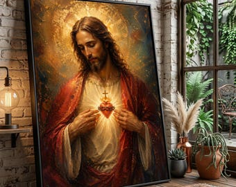 May include: A framed religious artwork depicting a figure with long brown hair and a beard, wearing a red robe and a white tunic. A glowing heart is visible on the chest. The background features a golden halo.