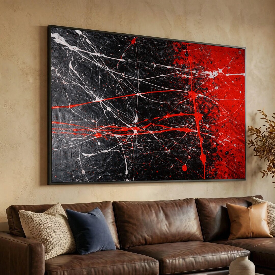 Bold Red and Black Abstract Canvas, Modern Splatter Wall Art, Energetic ...