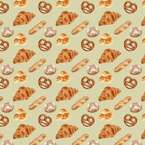 Könnte beinhalten: Ein sich wiederholendes Muster auf hellbeigem Hintergrund mit Illustrationen von goldbraunen Backwaren, darunter Croissants, Brezeln, Baguettes und kleine runde Brötchen, die in einem gitterartigen Layout angeordnet sind.