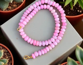Roze snoepopaal kralenketting, 7-8 mm gladde rondelle opaalkralen, vergulde sluiting, handgemaakte edelsteensieraden, sierlijk cadeau voor vrouwen.