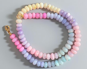 Multi Color Candy Opal Beaded Necklace 7-8mm Smooth Rondelle Beads, Gold Plated Clasp, Handmade Gemstone Opal Jewellery, Gift For Her