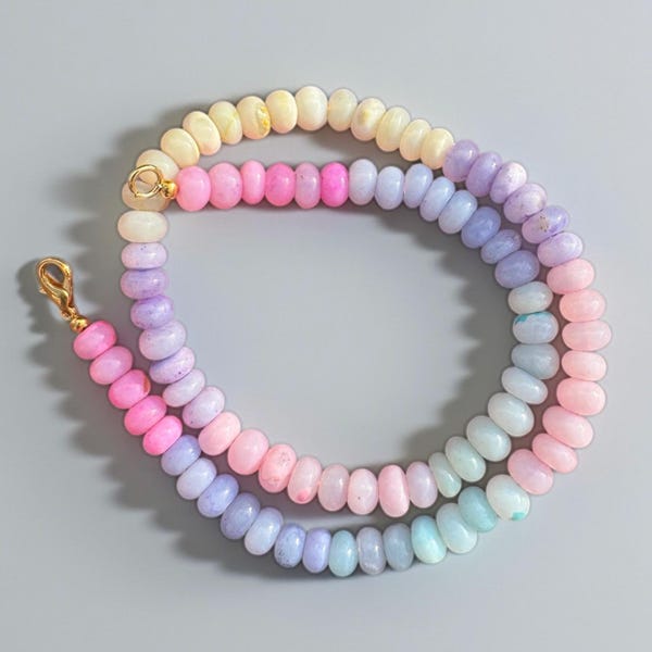 Multi Color Candy Opal Beaded Necklace 7-8mm Smooth Rondelle Beads, Gold Plated Clasp, Handmade Gemstone Opal Jewellery, Gift For Her
