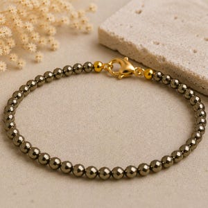 Armband med pyritpärlor, 3 mm fasetterade runda pärlor, förgyllt lås, handgjort armband med pengamagnet, smycken med välståndskristaller, gåva för unisex.
