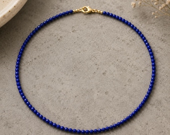 Natural Lapis Lazuli Necklace, 3mm Faceted Round Beads, Gold Plated Clasp, Handmade Blue Stone Jewelry, Unisex Gift, Layering Necklace