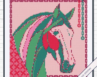 馬の頭部の刺繍パターン – 牡丹とエメラルドの種馬 | 乗馬スタイル | PDF即時ダウンロード | パターンキーパー対応