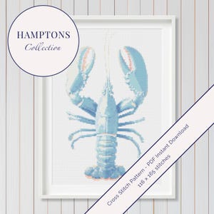 May include: A framed cross-stitch pattern featuring a blue lobster with coral accents. The artwork is part of the "Hamptons Collection" and includes the text "Cross Stitch Pattern - PDF Instant Download" and stitch count details.