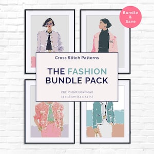 May include: Four framed cross-stitch patterns featuring fashion illustrations. The central image reads "THE FASHION BUNDLE PACK" and includes the dimensions 5.1 x 7.1 in. A pink circle in the upper right corner says "Bundle & Save".