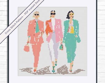 モダンファッション刺繍パターンPDF · シックなイラスト入り刺繍 · 即時ダウンロード