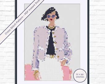ファッションガール刺繍パターンPDF · シックなイラスト入り刺繍 · 即時ダウンロード