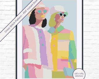 モダンファッションクロスステッチパターンPDF · シックなイラスト入り刺繍 · 即時ダウンロード