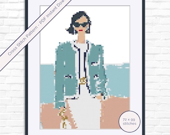 ファッションガール刺繍パターンPDF · シックなイラスト入り刺繍 · 即時ダウンロード