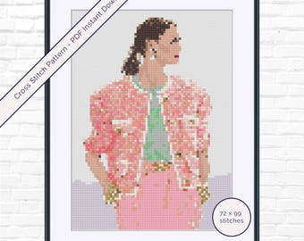 ファッションガール刺繍パターンPDF · シックなイラスト入り刺繍 · 即時ダウンロード