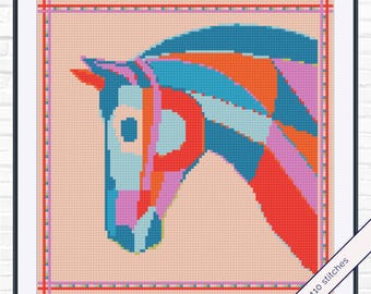 馬の頭の刺繍パターン – タンジェリン＆ティールの種牡馬 | 乗馬スタイル | PDF即時ダウンロード | パターンキーパー対応