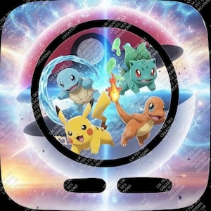 May include: A square-shaped phone stand featuring a circular graphic of Pikachu, Squirtle, Bulbasaur, and Charmander inside a Poké Ball design. The background displays a vibrant, cosmic nebula effect with light flares and the text LM FEE DES CREATIONS.