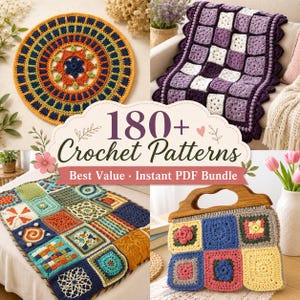 Op de afbeelding: Een afbeelding toont een verzameling haakpatronen, waaronder een ronde placemat, een deken met vierkante patronen en een handtas. De tekst luidt "180+ Crochet Patterns" en "Best Value - Instant PDF Bundle". De items zijn allemaal handgemaakt.