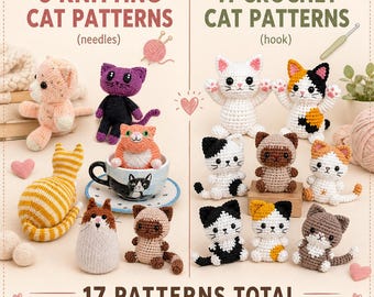 6 in 1 Knitted Cat Pattern DPN Bundle PDF, + 11 Crochet Amigurumi Kitten Stuffed Toy Beginner Gift, Instant Download