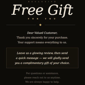 May include: A black graphic with the words "Free Gift" in large, elegant font. The text is accompanied by smaller text that reads "For You" and a message of gratitude to the customer. The image is from HUMANSTORE07UNI.