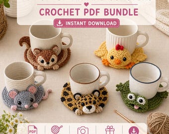 11 in 1 Animal Crochet Coaster Pattern Bundle PDF, Pop Up Cup Holder Amigurumi, Kawaii Beginner Instant Download