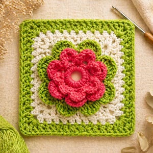 May include: A square, handmade crochet piece featuring a vibrant pink flower at the center, surrounded by green leaves. The square has a green border, white and green accents, and is likely part of a larger craft project.