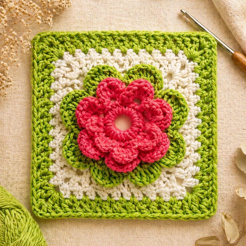 May include: A square, handmade crochet piece featuring a vibrant pink flower at the center, surrounded by green leaves. The square has a green border, white and green accents, and is likely part of a larger craft project.