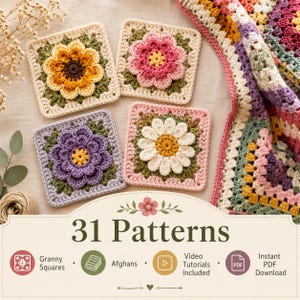 Op de afbeelding: Vier gehaakte bloemen vierkanten in geel, roze, paars en wit. De vierkanten hebben een crèmekleurige rand. Een gehaakte deken is zichtbaar, samen met de tekst "31 Patterns".