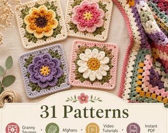 Granny Square Crochet Pattern Bundle PDF + Video Tutorials – 31 Flower Afghan Blanket Designs, Colorful, Beginner Instant Download