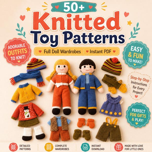 50+ Knitted Toy Patterns Bundle PDF | Dolls Animals Fairy Tale Christmas Stuffed Toys Kids Gift Beginner Knitting Instant Download