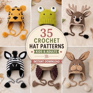 Puede incluir: Se muestran seis gorros de animales tejidos a crochet, incluyendo un leopardo, rana, ciervo, cebra, oso y conejo. Los gorros son de varios colores y tienen orejeras y lazos con pompones. La imagen también incluye el texto "35 Crochet Hat Patterns Kids & Adults".