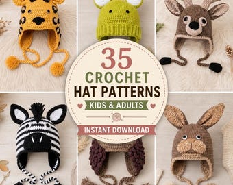 35+ Crochet Hat Patterns Bundle PDF | Animal Hats Beanie Cloche Tam Hood Brimmed Hat Kids Adults Beginner Instant Download