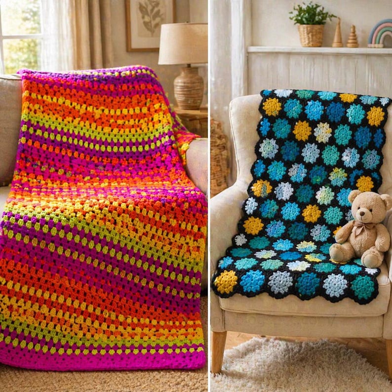 May include: Two handmade crochet blankets. One is a vibrant mix of pink, orange, yellow, and purple. The other is a blue, yellow, and black floral pattern. A teddy bear sits on the chair with the blue blanket.