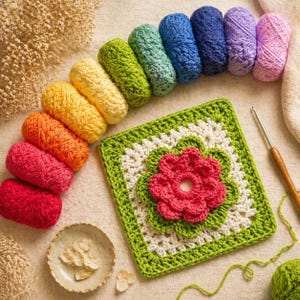 May include: A colorful display of crochet supplies. Several skeins of yarn in a rainbow of colors are arranged around a completed crochet square with a flower design. A crochet hook and small dish are also present.