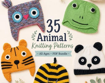 35 Tier Mützen Strickmuster Bundle PDF | Wild Fun Hüte Babys Kinder Teenager Erwachsene passende Accessoires Sofort-Download