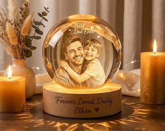 Custom Dad Photo Crystal Ball Light, Personalized Father’s Day Gift from Kids, Best Dad Ever Portrait Globe Keepsake