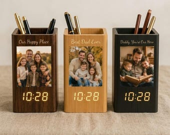 Personalized Family Photo Pen Holder With Clock, Custom Wooden Desk Organizer, Dad Gift, Photo Frame Clock Pencil Cup