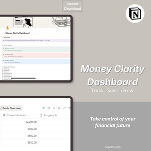 May include: A digital financial dashboard with the text "Money Clarity Dashboard" and the tagline "Track. Save. Grow." The image includes a goals overview with financial data and the phrase "Take control of your financial future."