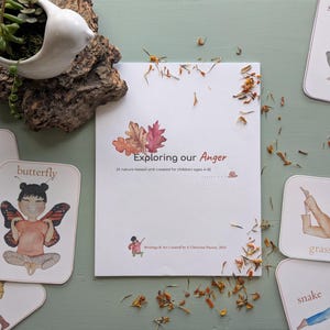 May include: A set of 14 nature-based cards for children ages 4-6, designed to help them explore their anger. The cards feature colorful illustrations of animals and insects, such as a butterfly, a spider, and a grasshopper, each with a unique pose. The cards are titled "Exploring Our Anger" and are part of a nature-based unit created for children ages 4-6.