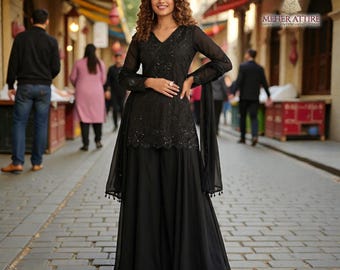 Black Chinon Palazzo Suit, Embroidered Pakistani Salwar Kameez, Wedding Party Wear