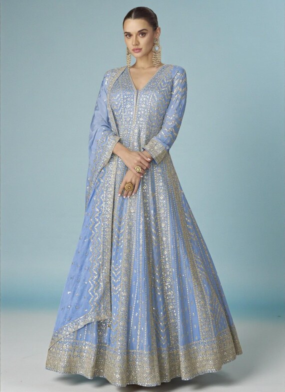 Aqua Blue Chinon Anarkali Gown with Dupatta | Heavy Embroidered Wedding Party Wear Ethnic Outfit