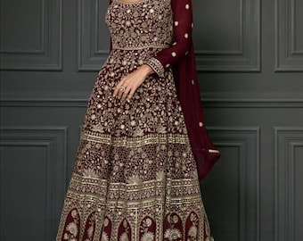 Wine Georgette Anarkali Gown | Embroidered Mirror Sequins Festive Outfit