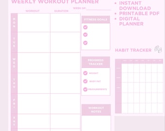 Workout Planner PDF | Fitness Planner | Weekly Monthly Habit Tracker | Printable Planner | Gym Planner | Digital Download